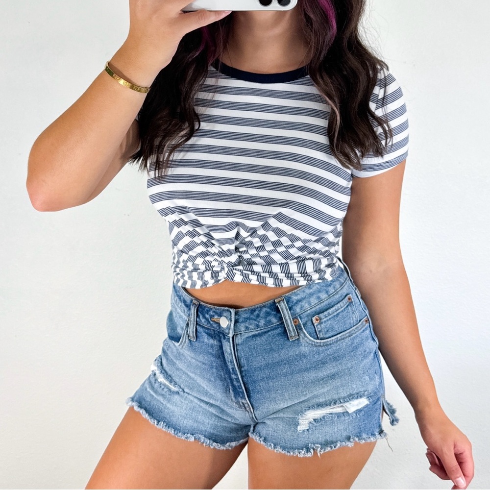 Navy blue and white striped twisted crop top